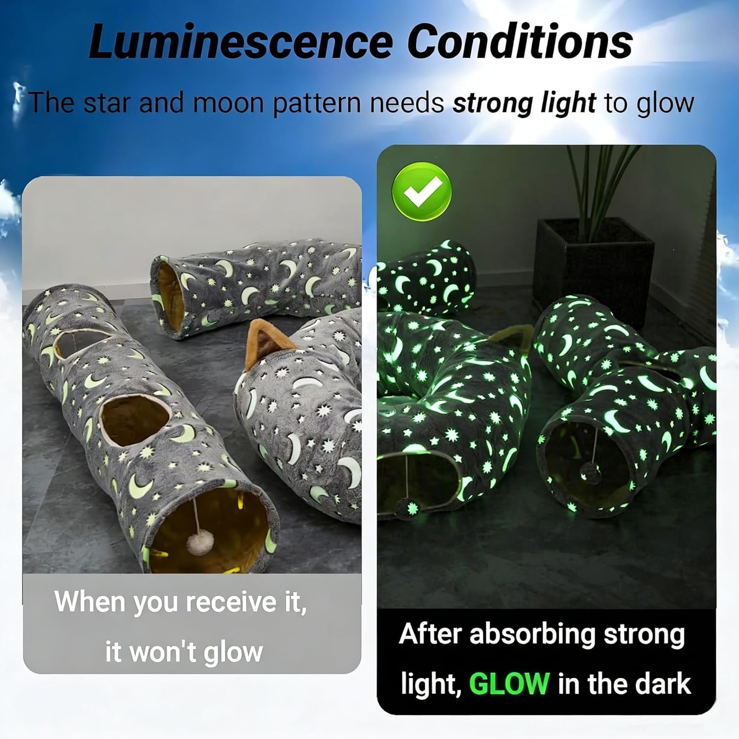 Cat Tunnel Tube with Plush Ball Toys Collapsible Self-Luminous Photoluminescence, for Small Animals Pets Bunny Rabbits, Kittens, Ferrets,Puppy and Dogs Grey Moon Star