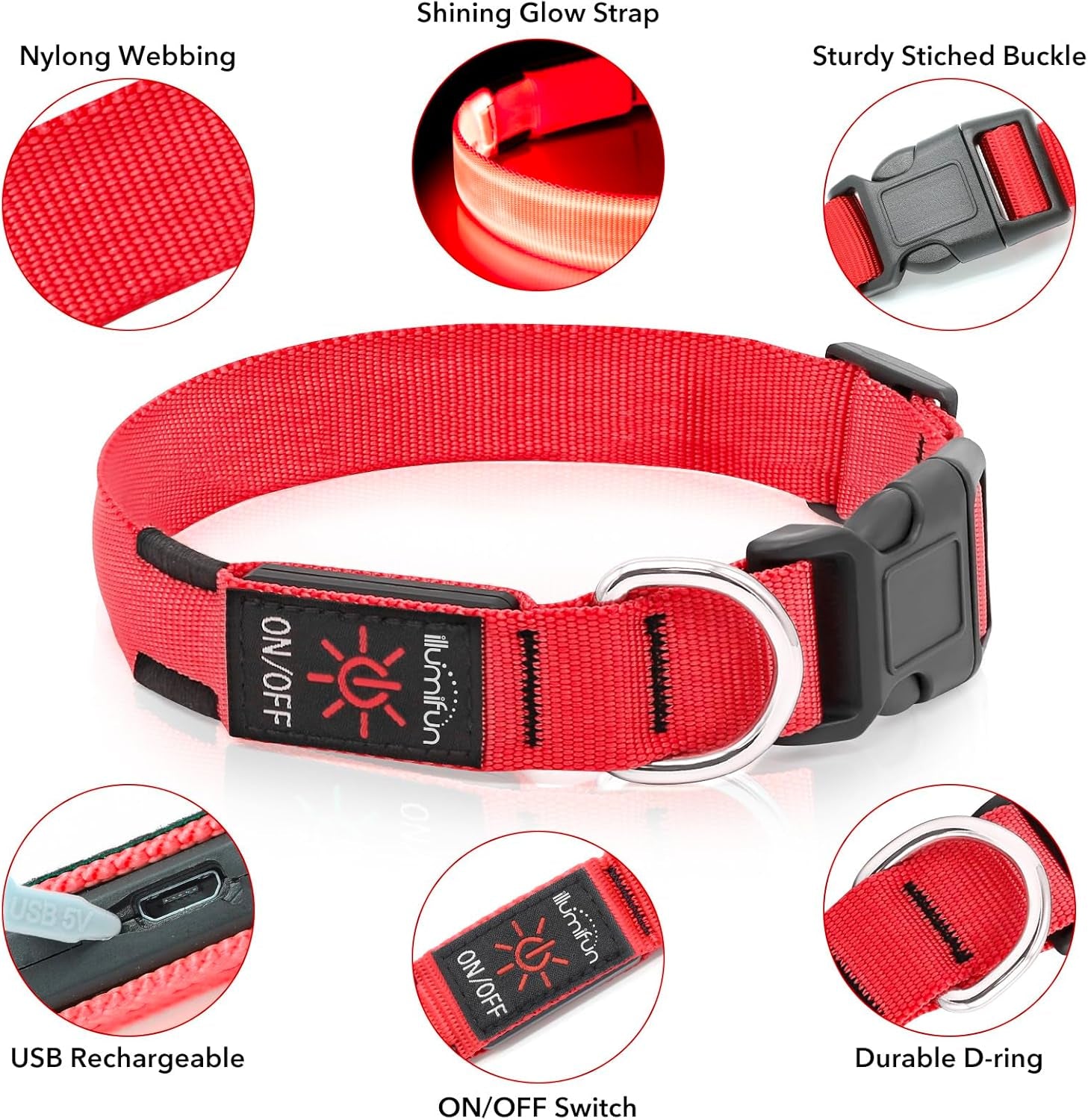 Light up Dog Collar - USB Rechargeable LED Dog Collar Glow in the Dark, Adjustable Pet Collar Light for Night Walking (Red, Medium)