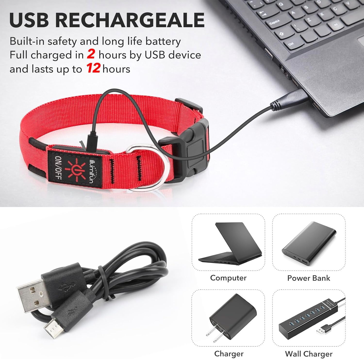 Light up Dog Collar - USB Rechargeable LED Dog Collar Glow in the Dark, Adjustable Pet Collar Light for Night Walking (Red, Medium)